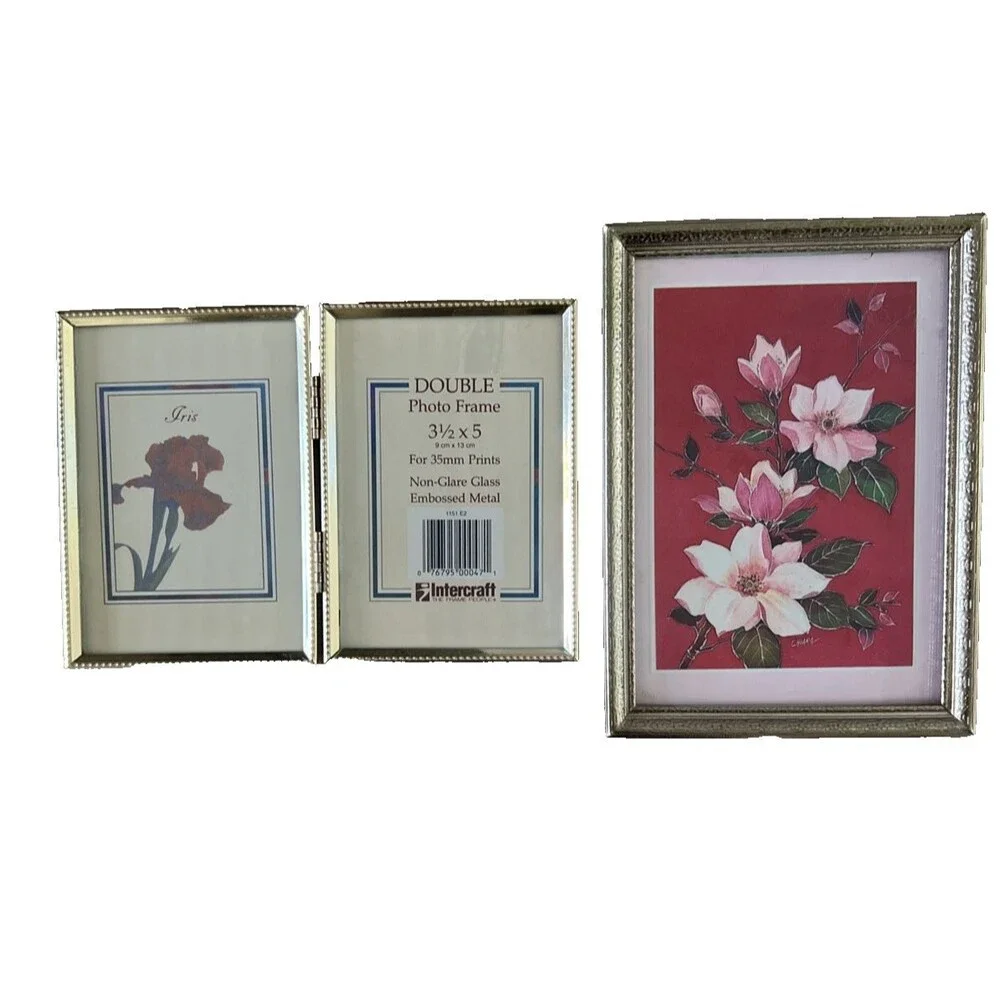 Vintage Gold Tone Brass Picture Frame Lot 5x7 Frame & Hinged Double 3.5x5 Framed